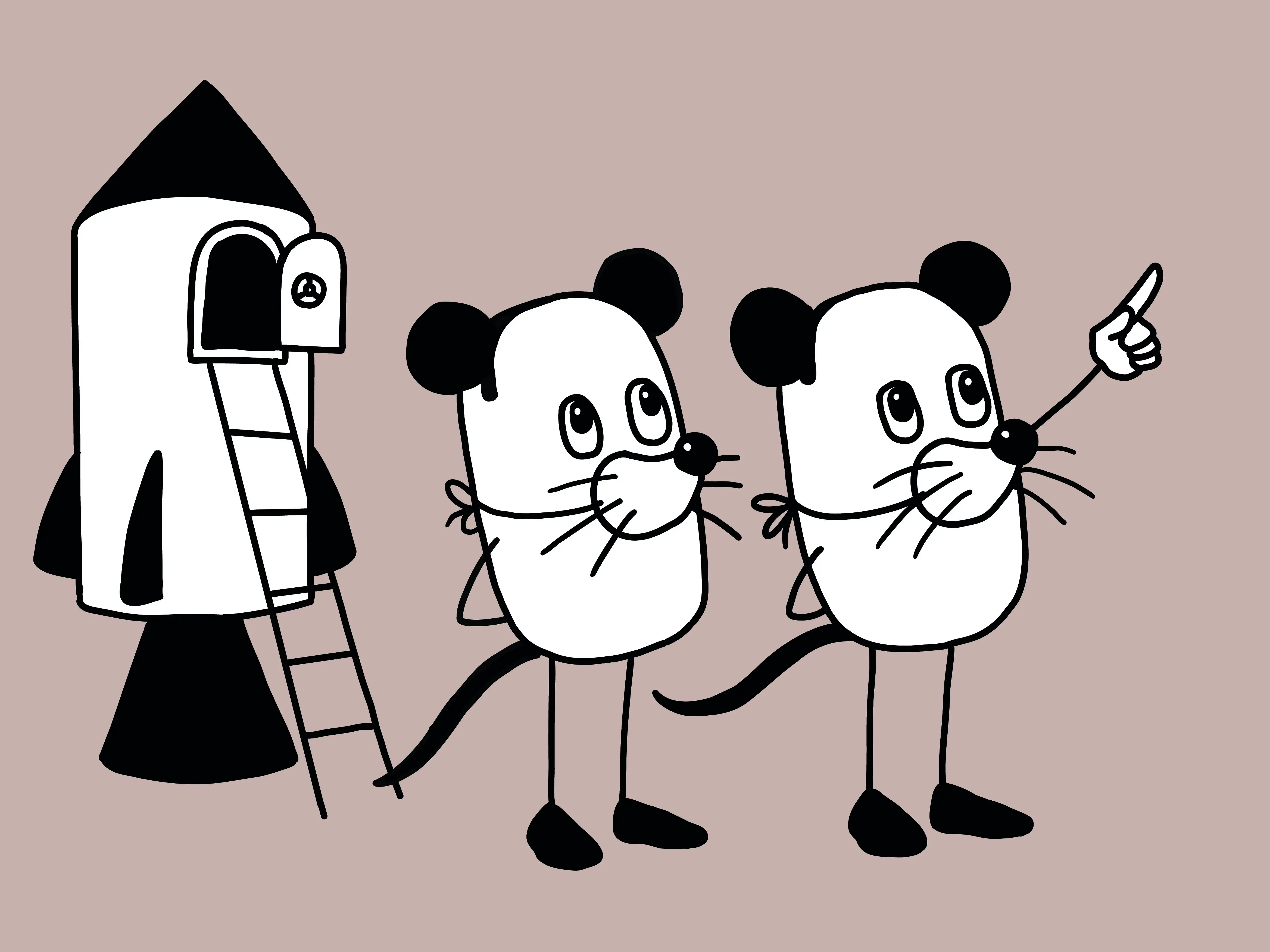 Schwarz-Weiße Illustration von zwei Mäusen, die vor einer Rakete stehen auf einem rosa Hintergrund. Titelbild für das fünfte Kinderkonzert.