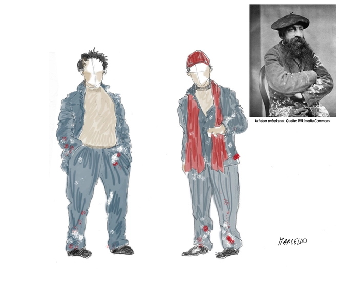 Figurine des Marcello Marcello, gezeichnet in blauer Kleidung und mit roter Mütze und rotem Schal.