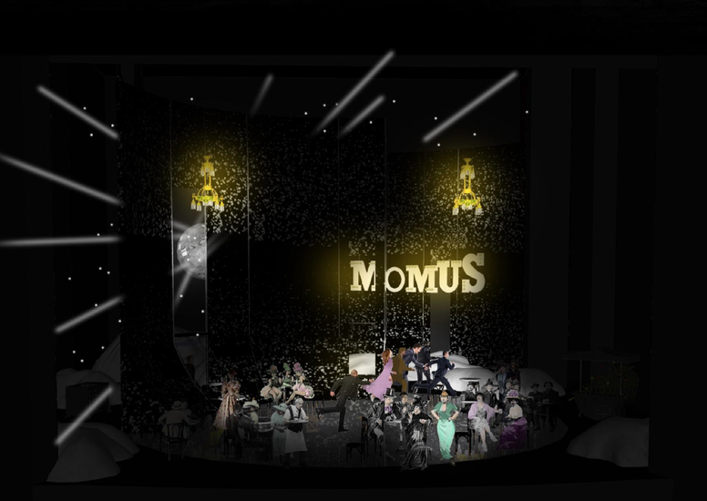 Auszug aus dem Storyboard Eine schwarze Bühne, darauf viele verschiedene Figuren der Produktion »La Bohème«, die collagenartig draufgeklebt sind.