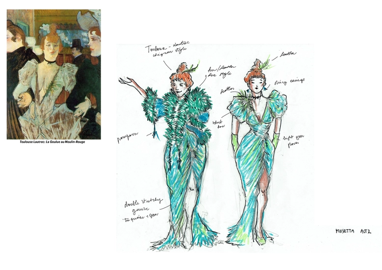 Figurine der Musetta Musetta, gezeichnet in opulentem grünen Kleid.